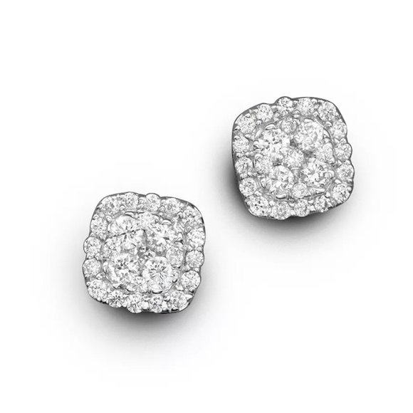 Diamond Stud Earrings, halo pave cushion in 14K White Gold .50 ctw, 7x7mm 💎H/I